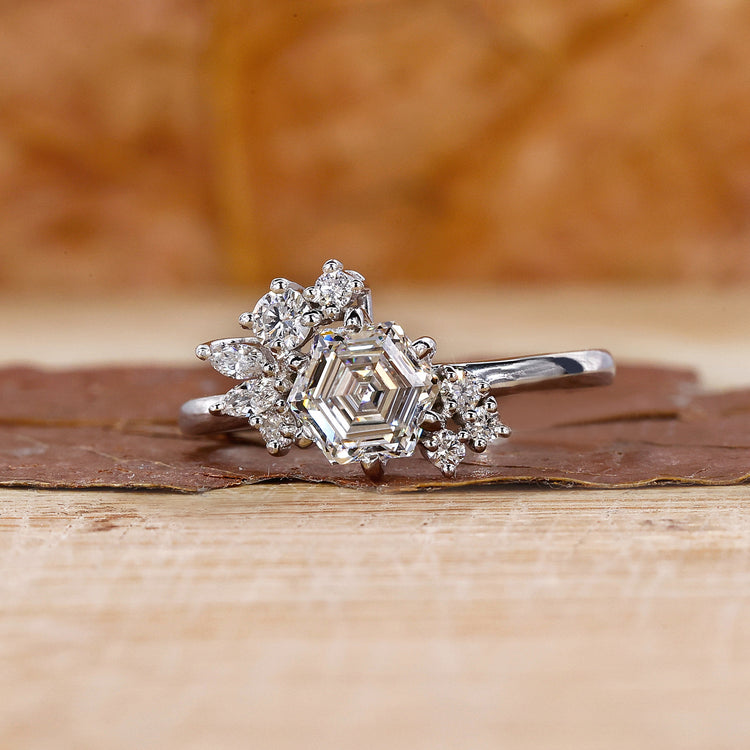 White gold diamond ring designed as hexagon ring.