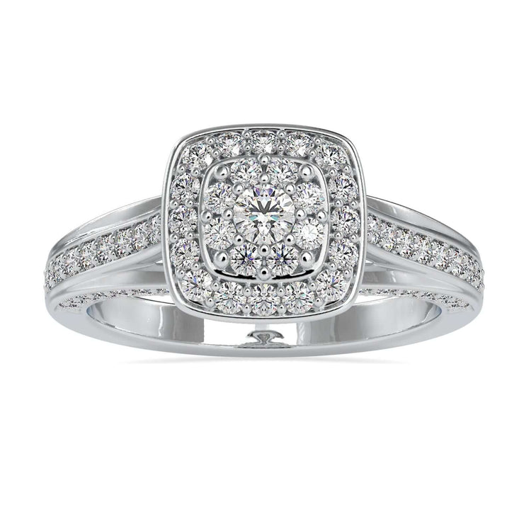 Double halo ring with round cut diamond and pave setting.