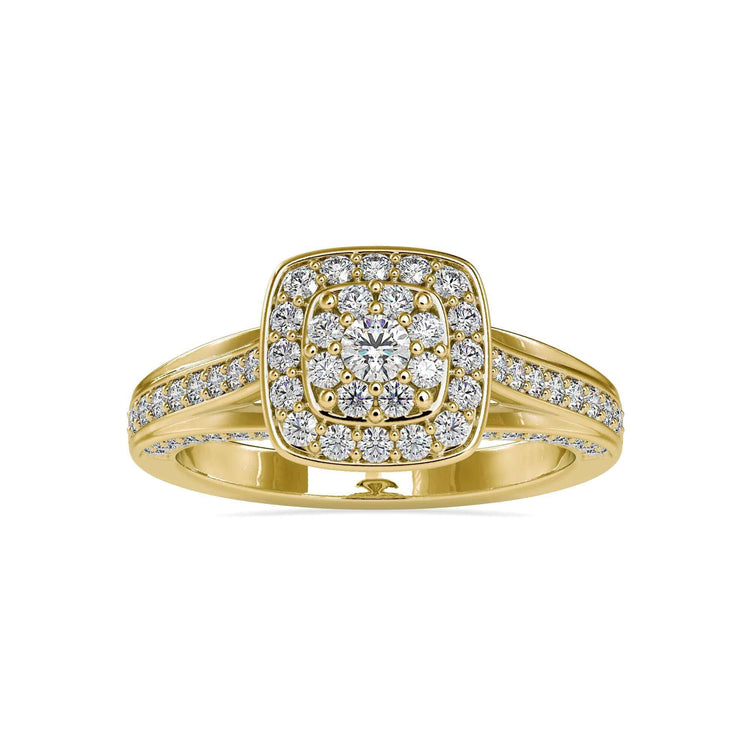 UK diamond ring with round cut and double halo feature.