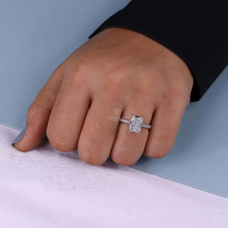 Radiant cut ring with lab-grown diamond and handmade design.