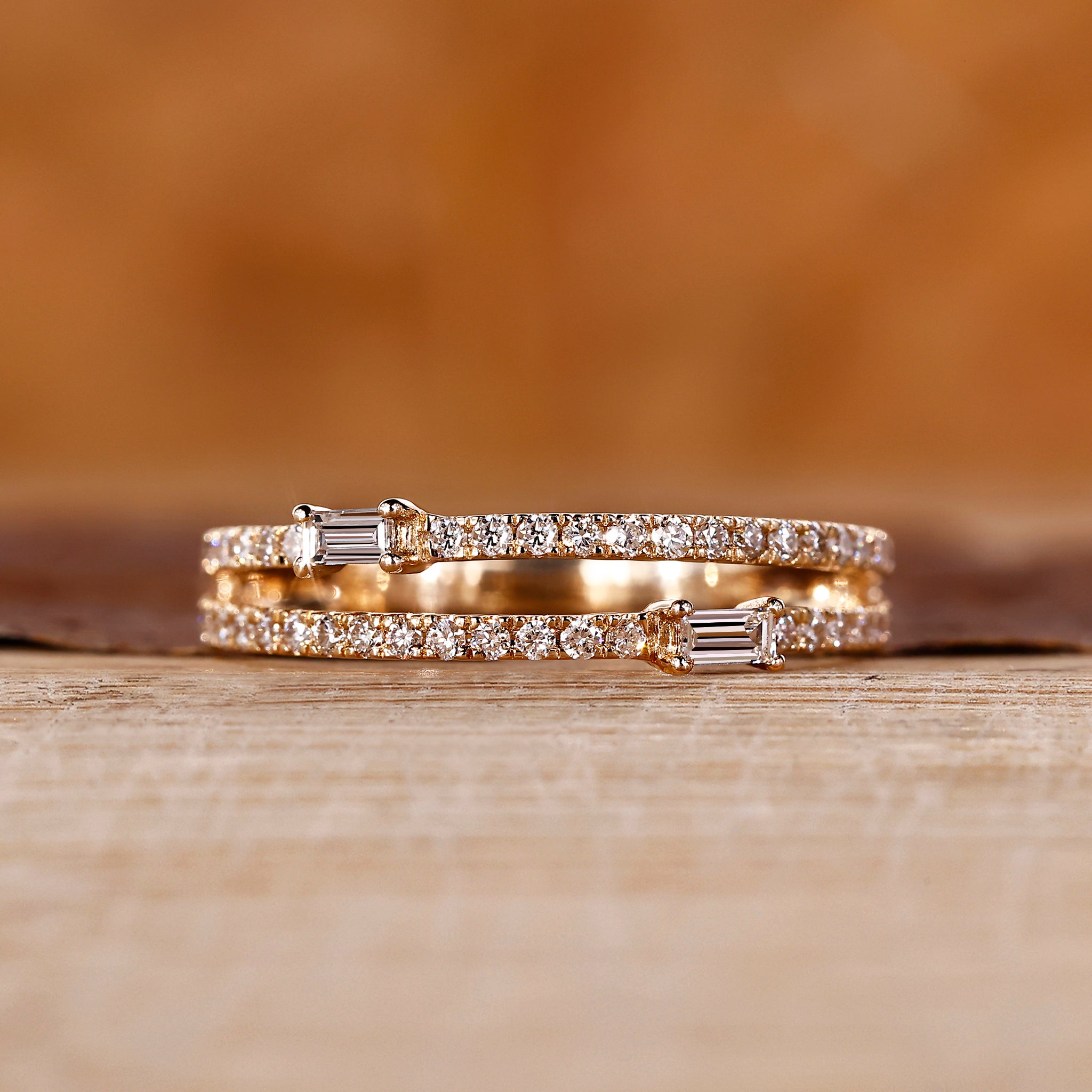 Double row diamond band with baguette and round cuts.
