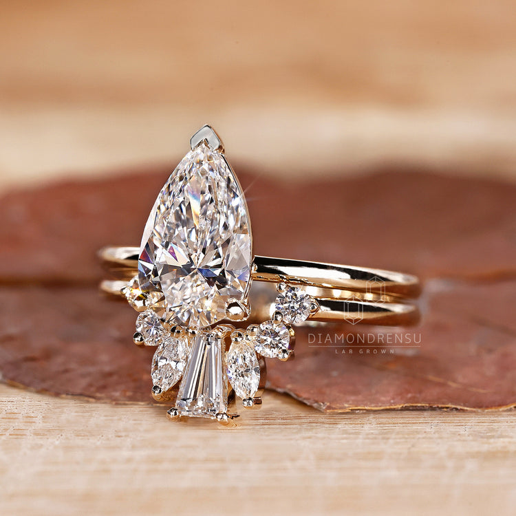 V shaped prong setting in bridal set.