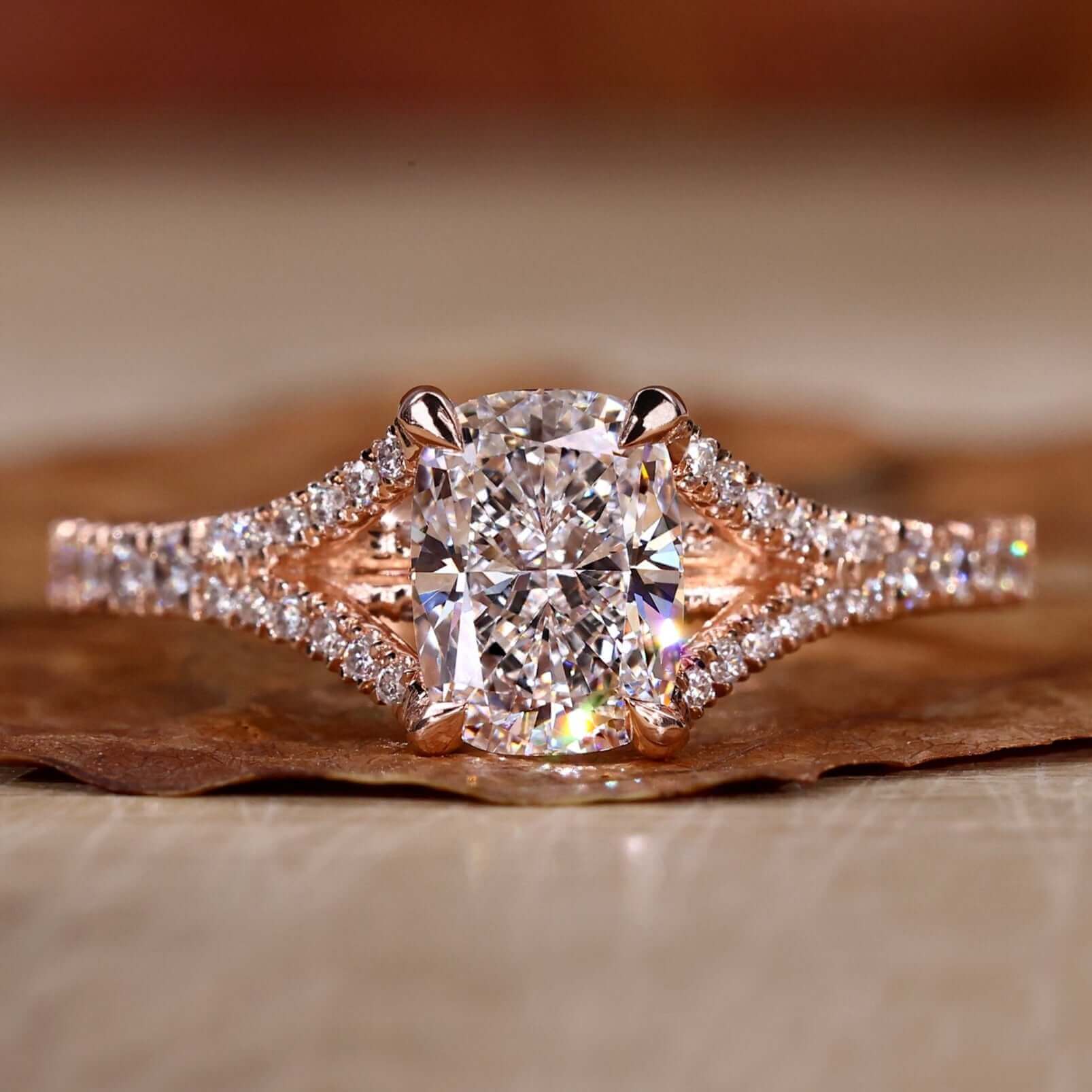 Elongated Cushion Engagement Ring with a stunning split shank pave setting for timeless elegance.