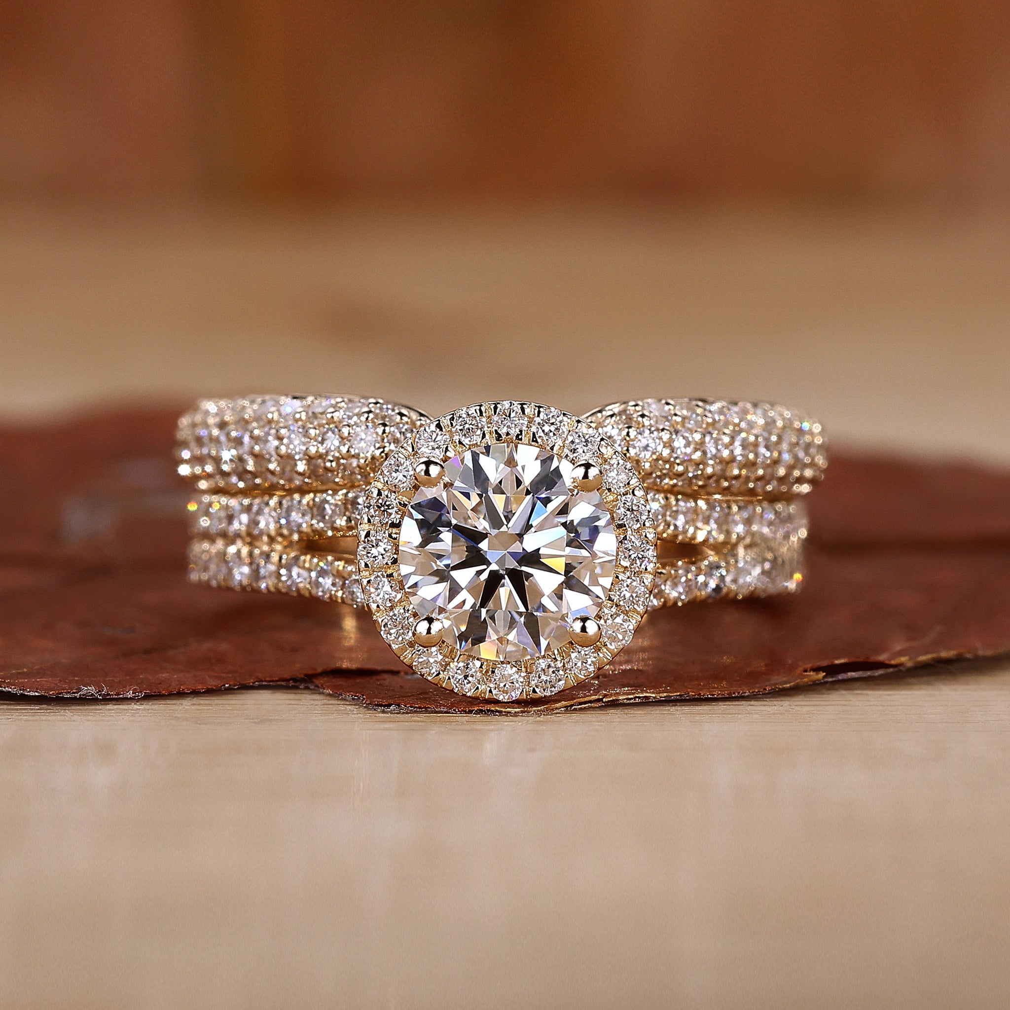 Round halo diamond bridal set.