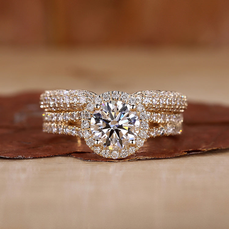 Round halo diamond bridal set.