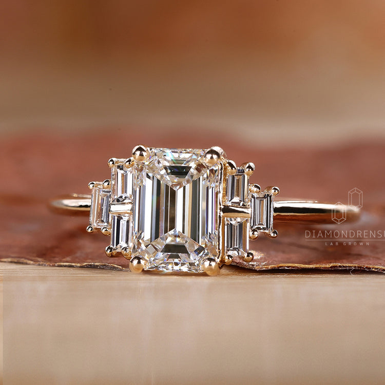 Buy engagement ring with emerald cut design.