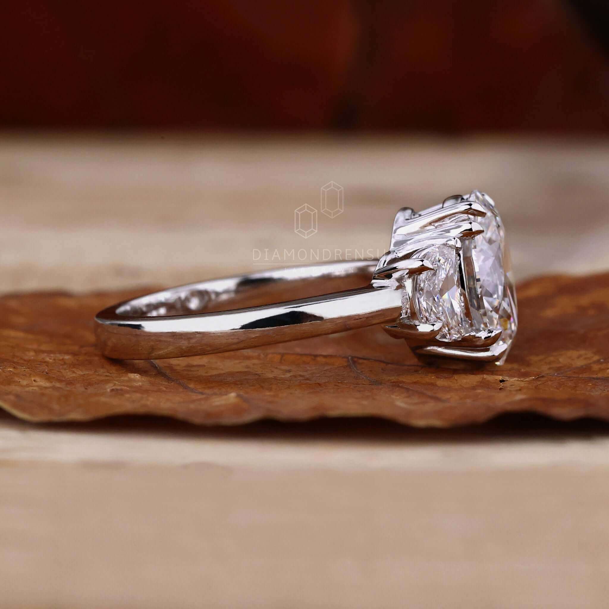 Oval diamond ring with half moon accents, crafted from Lab Grown Diamond, handmade jewelry with igi certified quality.