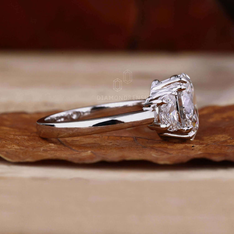 Oval diamond ring with half moon accents, crafted from Lab Grown Diamond, handmade jewelry with igi certified quality.