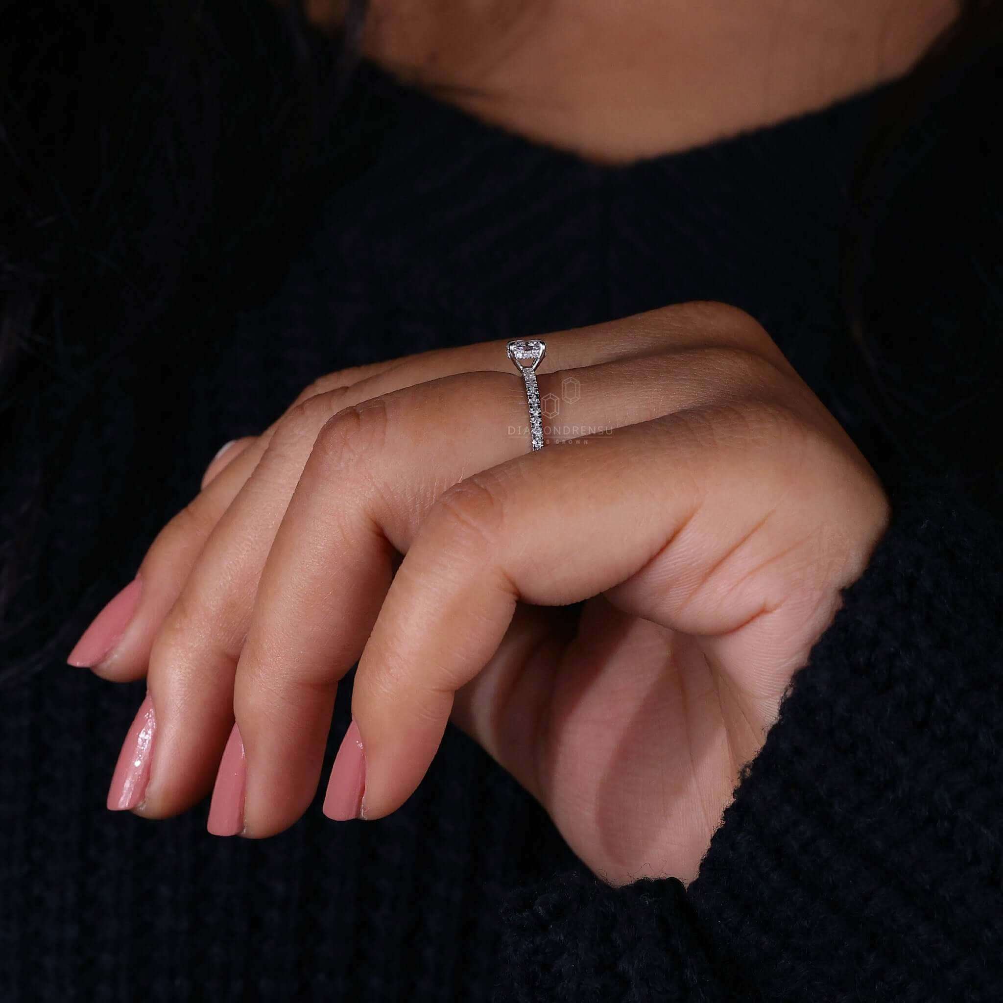 Pave diamond engagement ring featuring an oval diamond and a unique hidden halo design, ideal for women who love elegance.