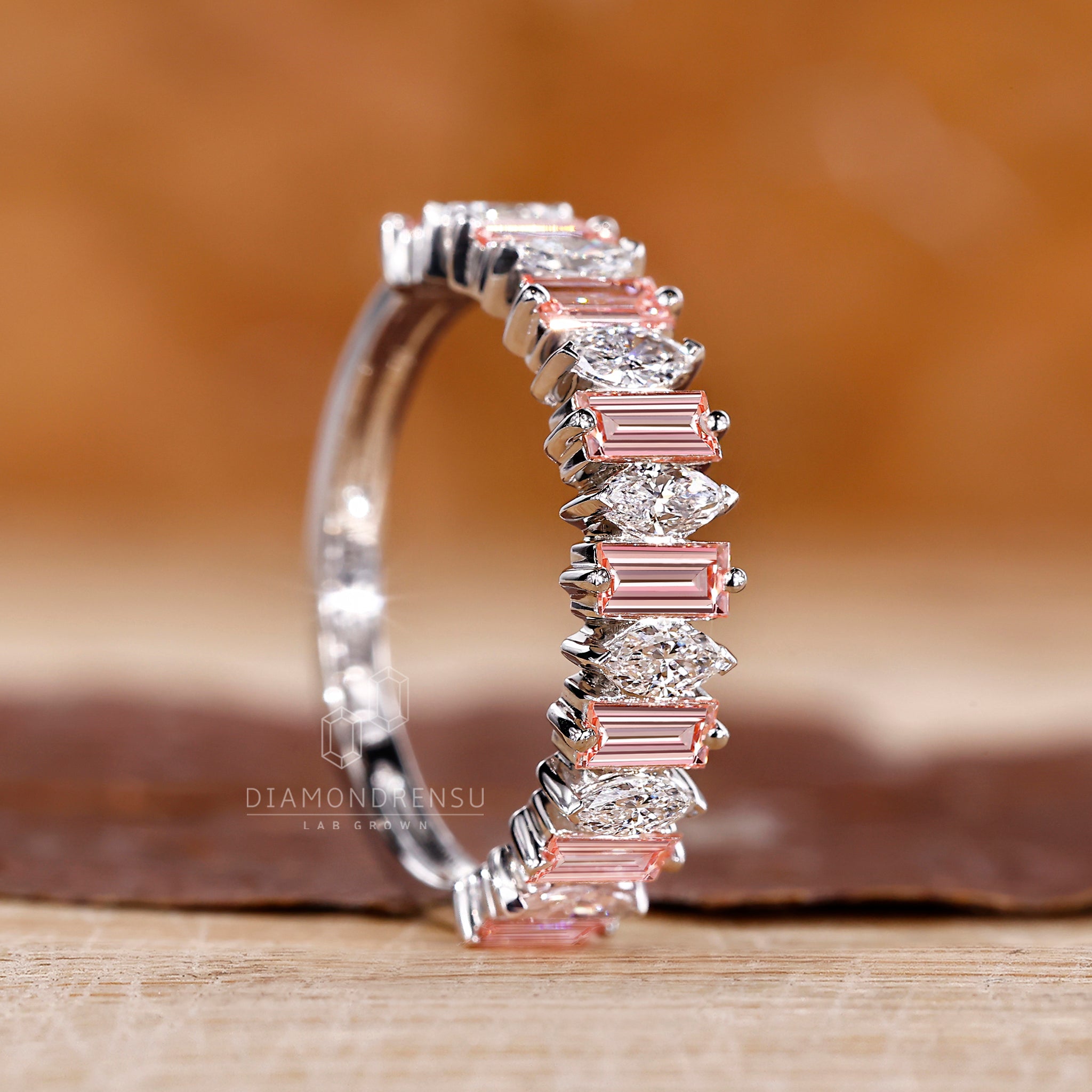 Buy wedding band with half eternity style and mixed diamond cuts.