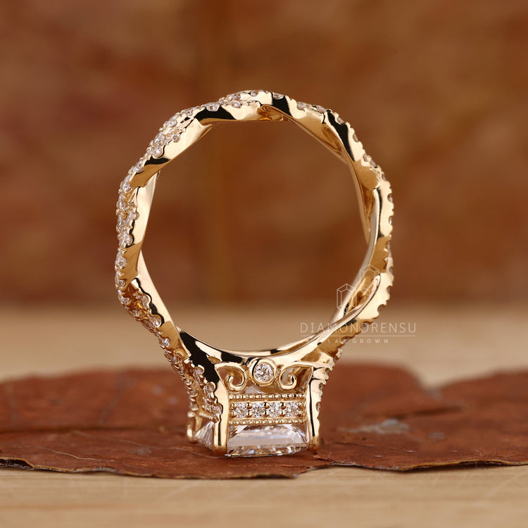 Unique engagement ring made with twisted pave and hidden halo.