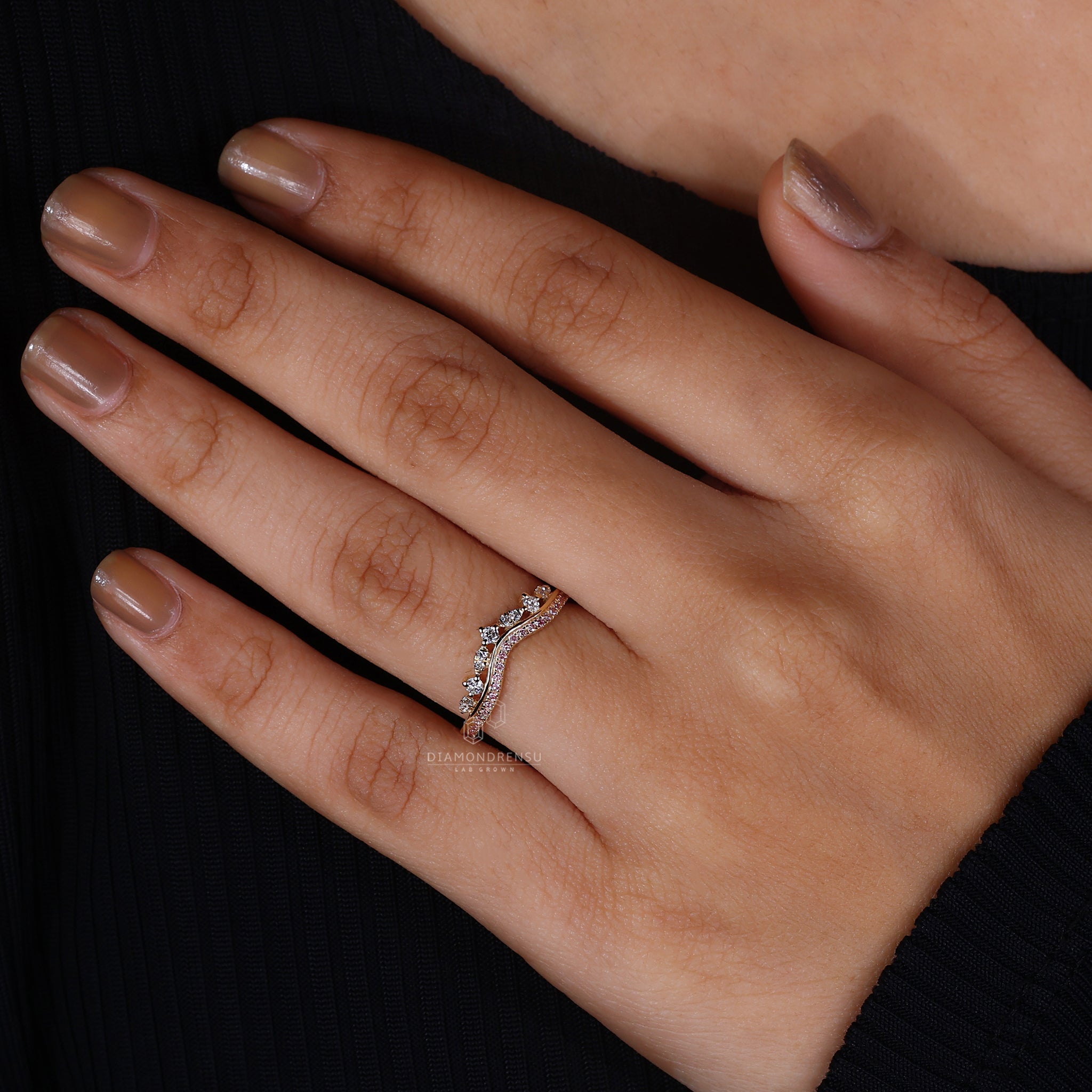 Wedding band UK with lab grown pink diamonds.