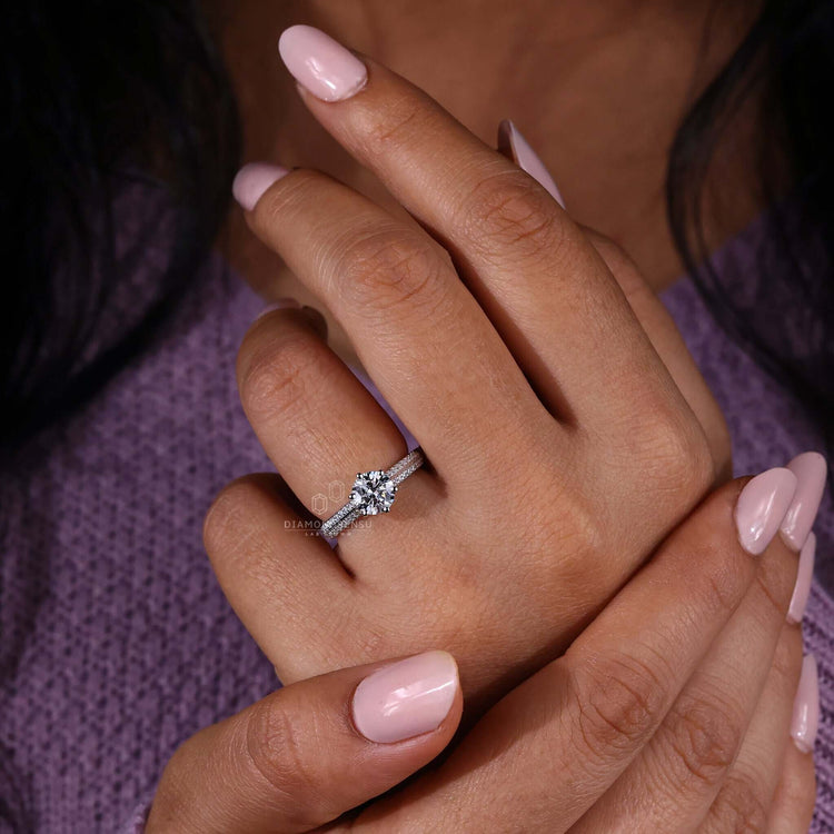 Round diamond engagement ring in a six prong engagement ring style, ideal for women seeking classic designs.
