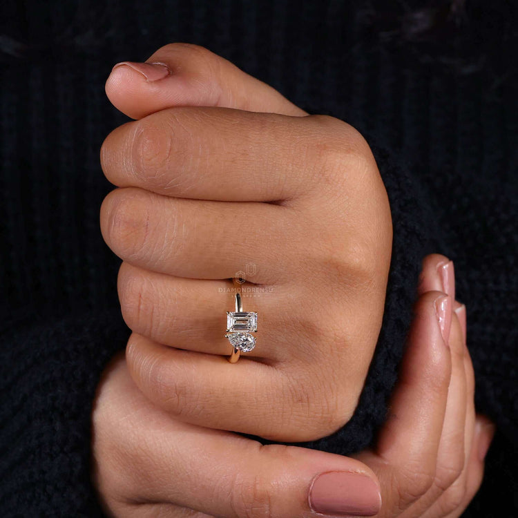 Toi et Moi Ring crafted with pear and emerald cut diamonds in a pave band design for a diamond ring UK collection.