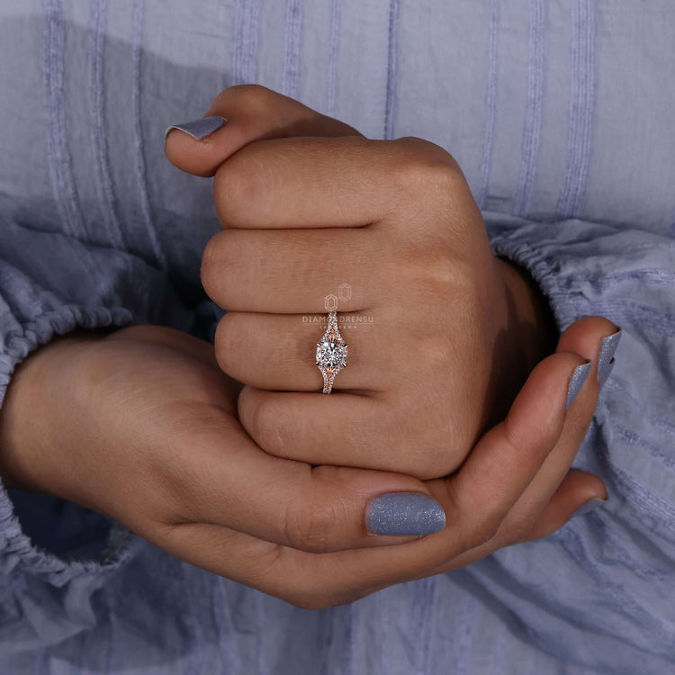 Split shank pave setting on a pave diamond ring made for engagement ring lovers seeking elegance.