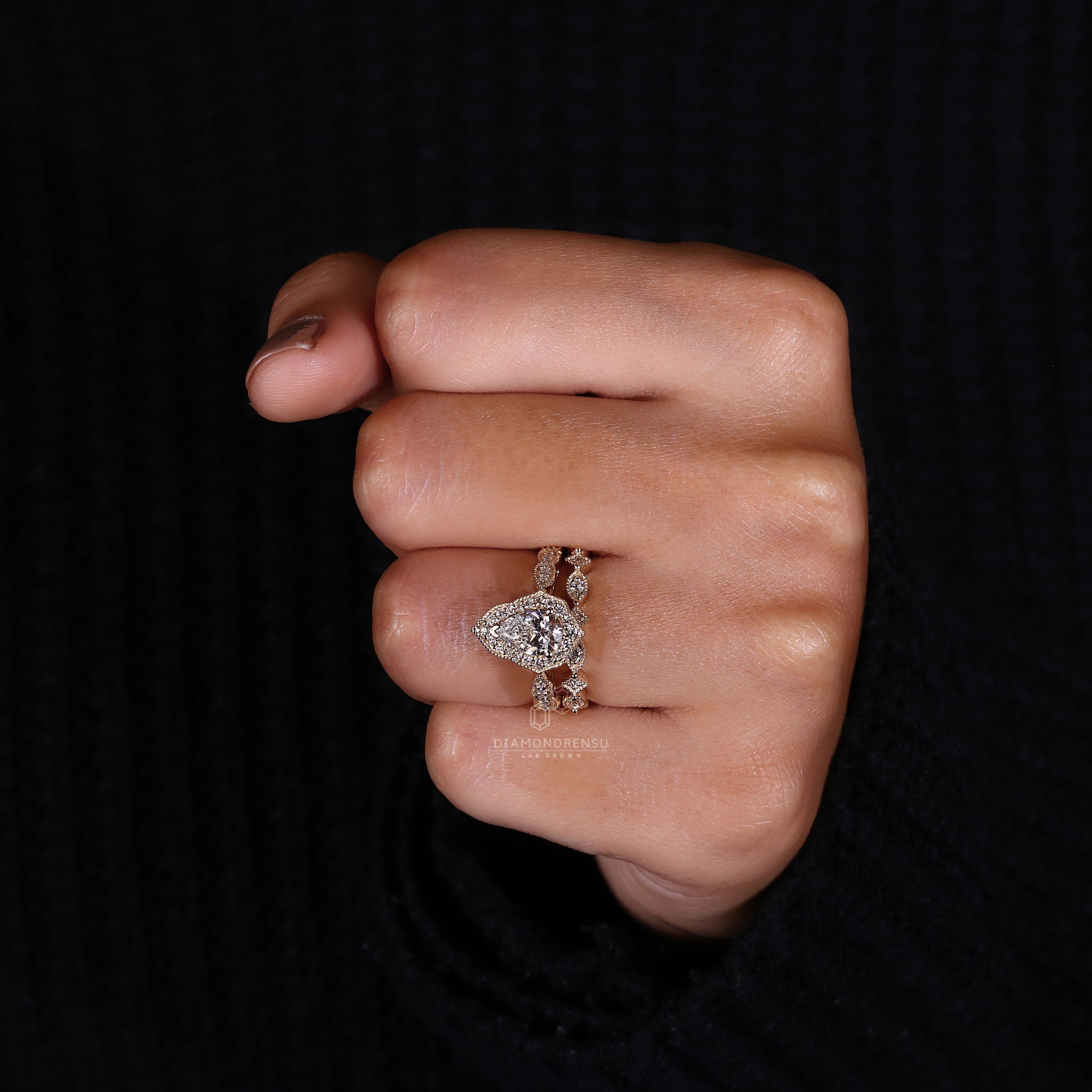 3/4 eternity band in yellow gold bridal set with vintage style bridal set finish.