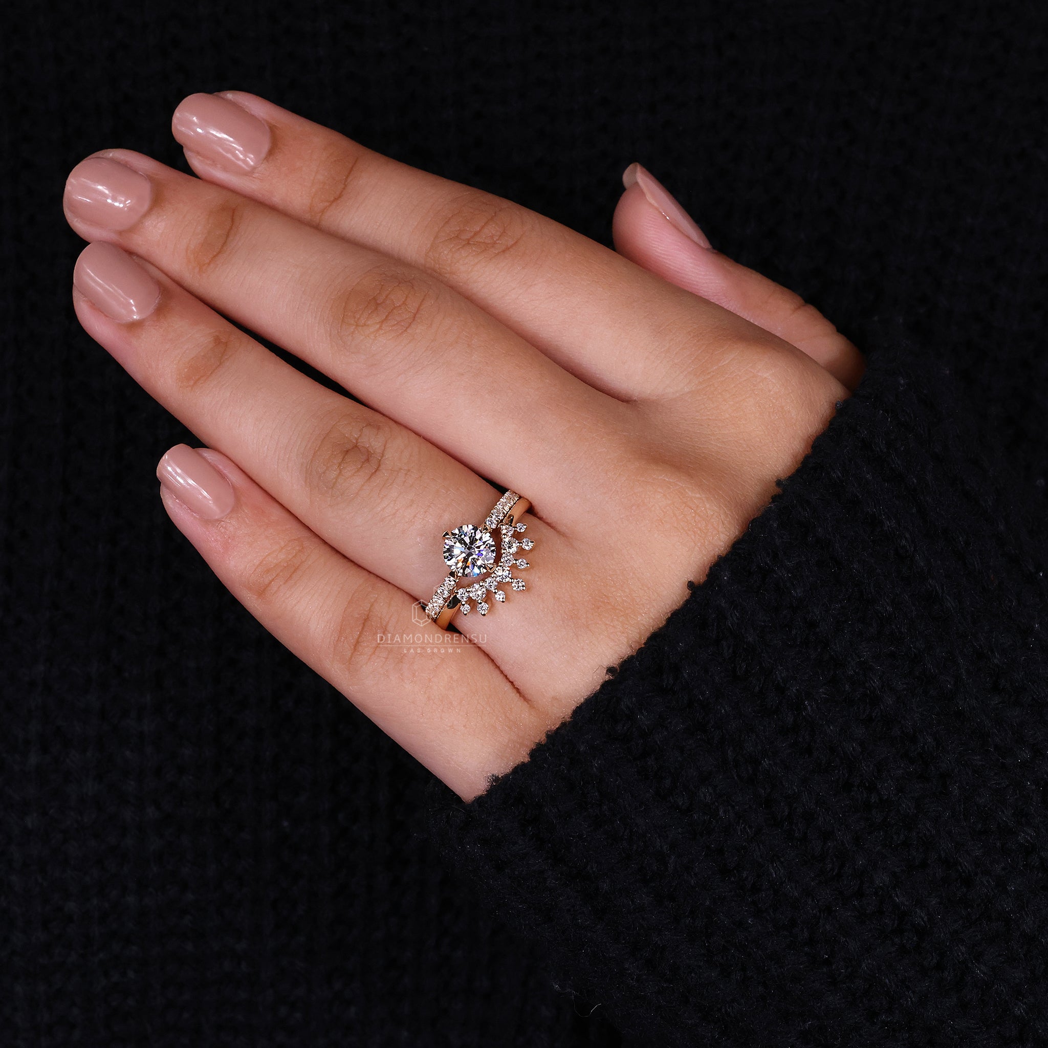 Lab Grown Diamond bridal set featuring custom round ring and tiara band.