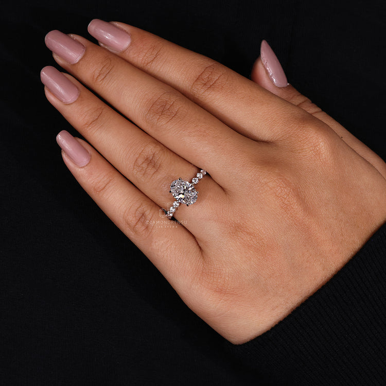 Custom engagement ring with prong setting detail.