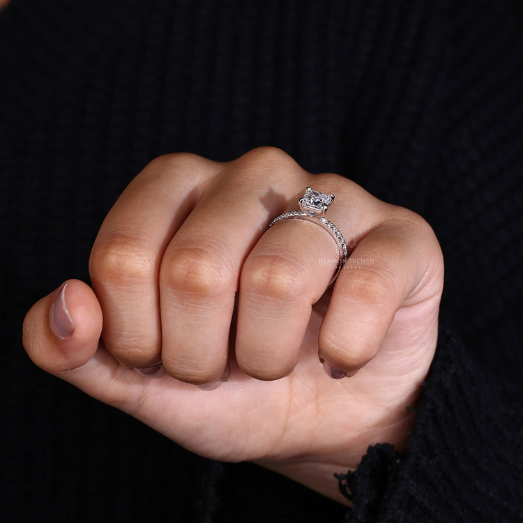 Handmade ring with pave band and claw prong setting.