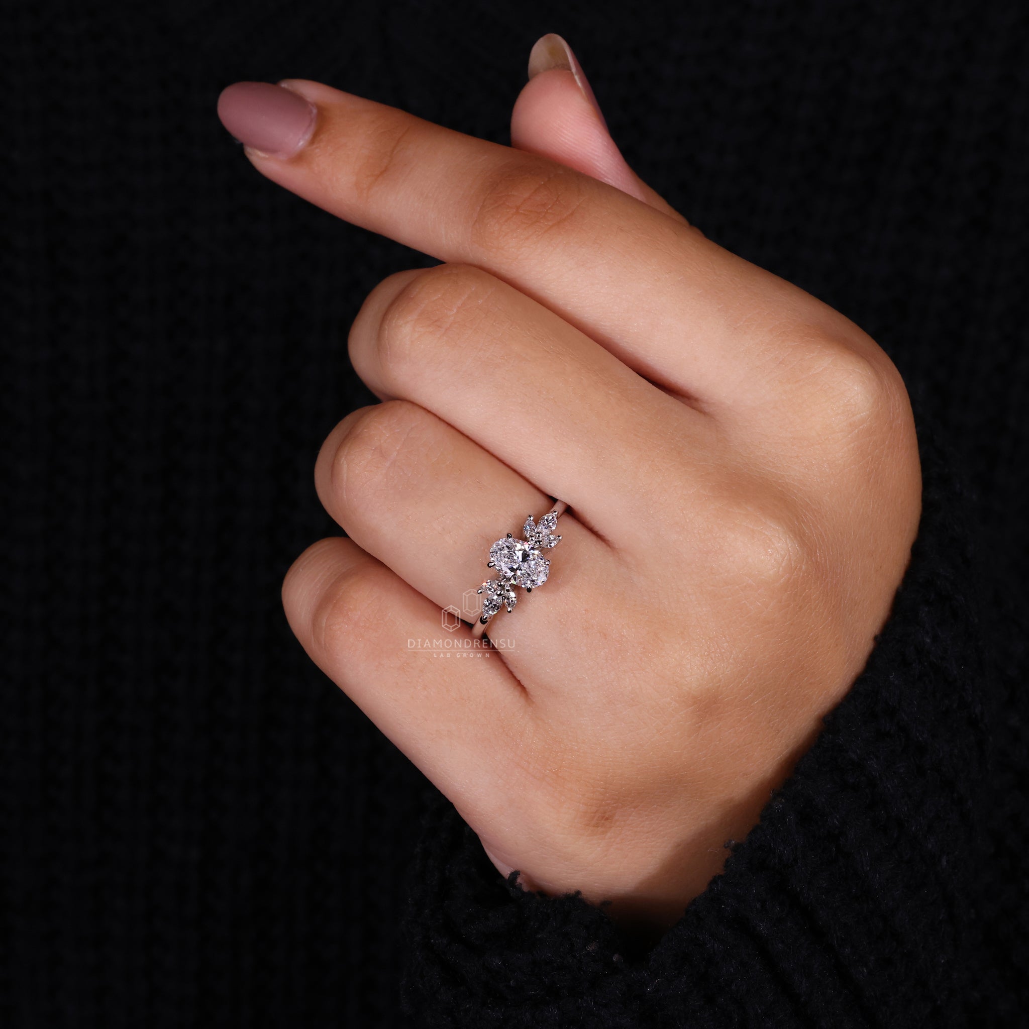 Muse ring showcasing an oval diamond, igi certified Lab Grown Diamond, and a beautiful claw prong setting.