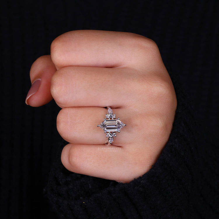 Elongated Hexagon Engagement Ring with Nature Inspired Design