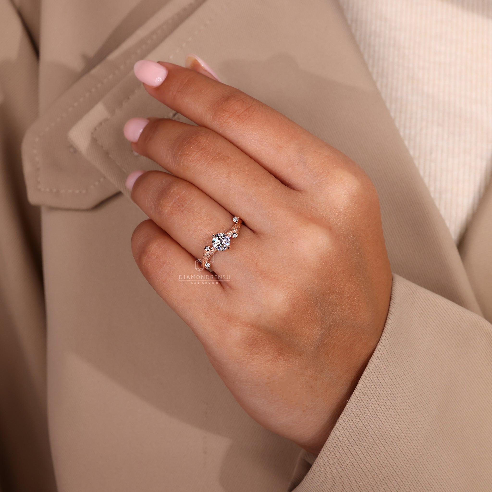 Nature inspired ring in rose gold ring setting