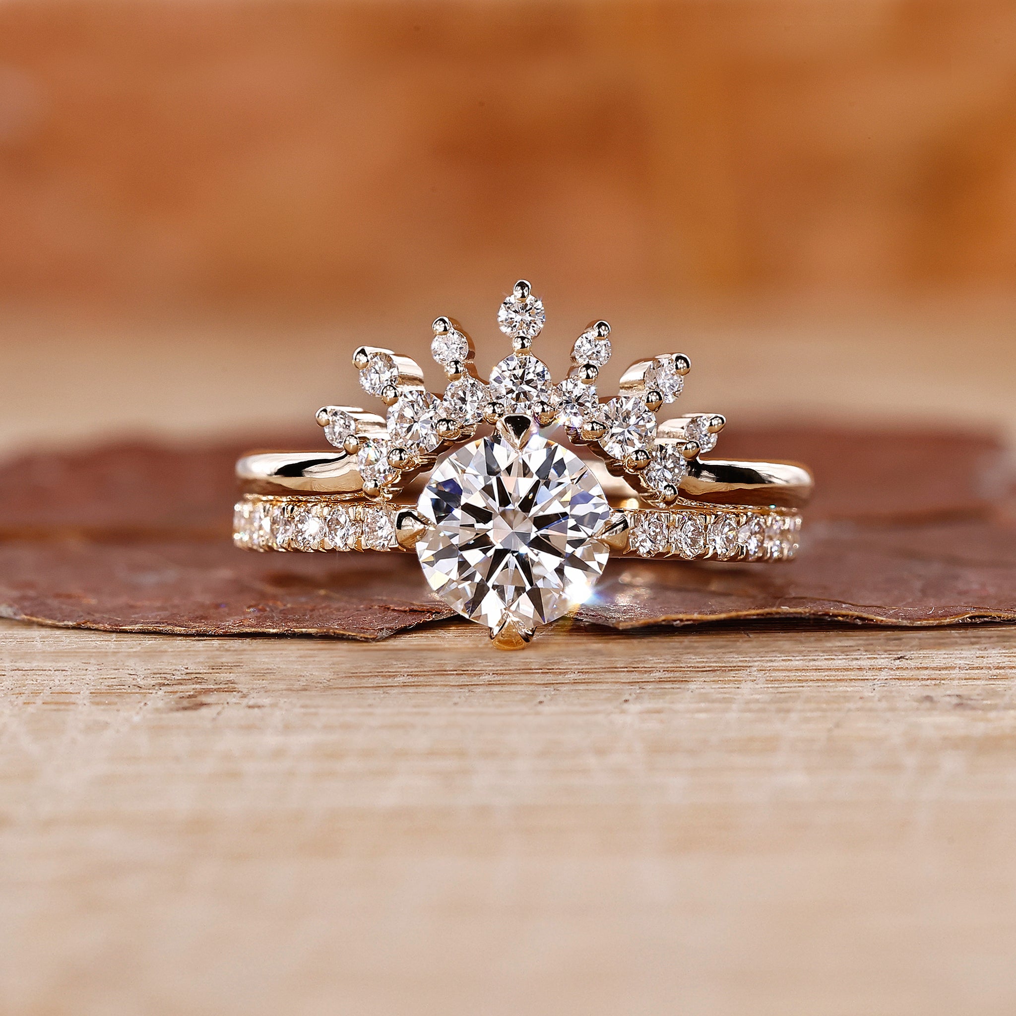 Round diamond bridal set featuring pave setting ring and tiara wedding band.