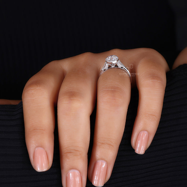 Milgrain setting on octagon engagement ring.