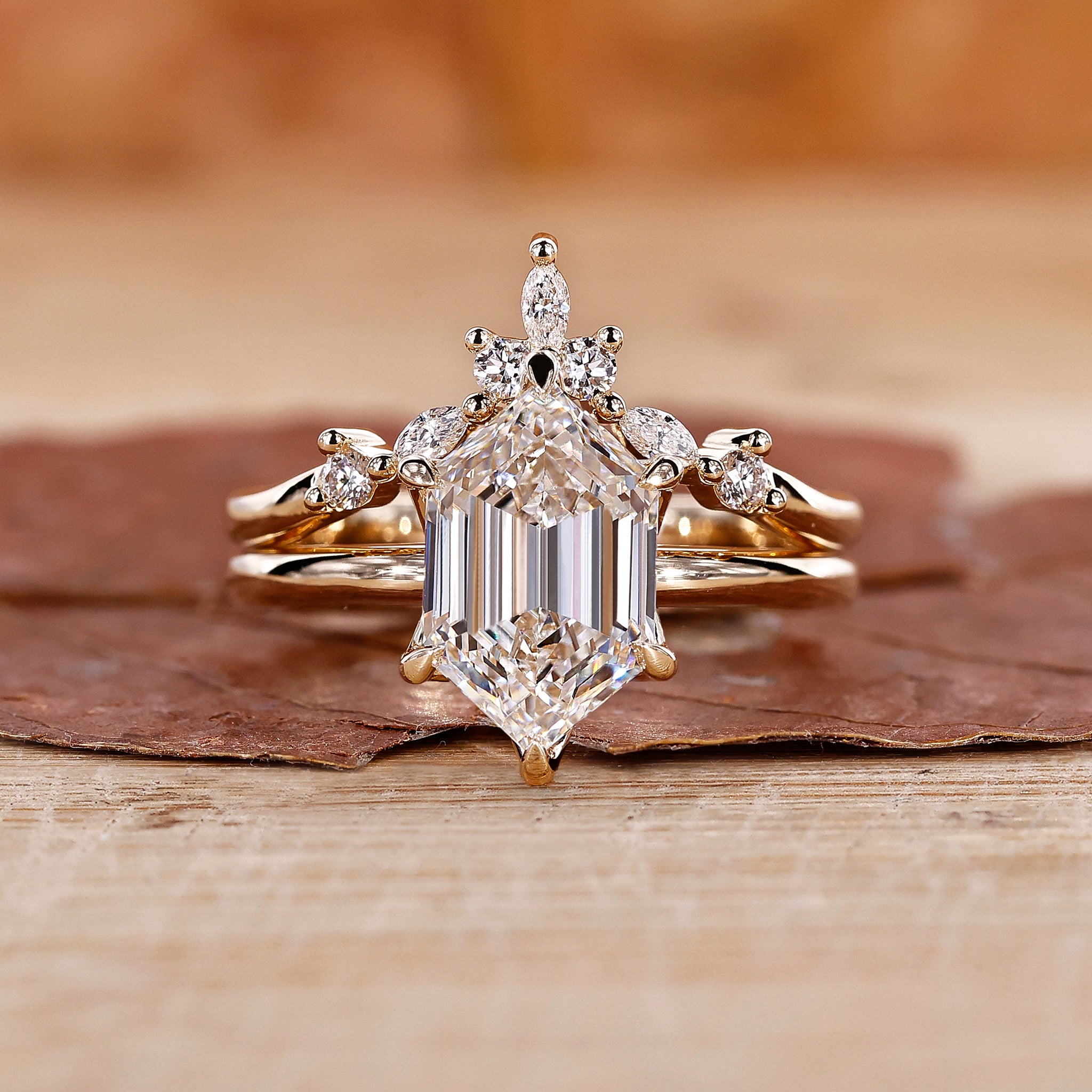 Hexagon engagement ring with wedding band in yellow gold bridal set.