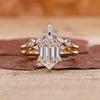 Hexagon engagement ring with wedding band in yellow gold bridal set.