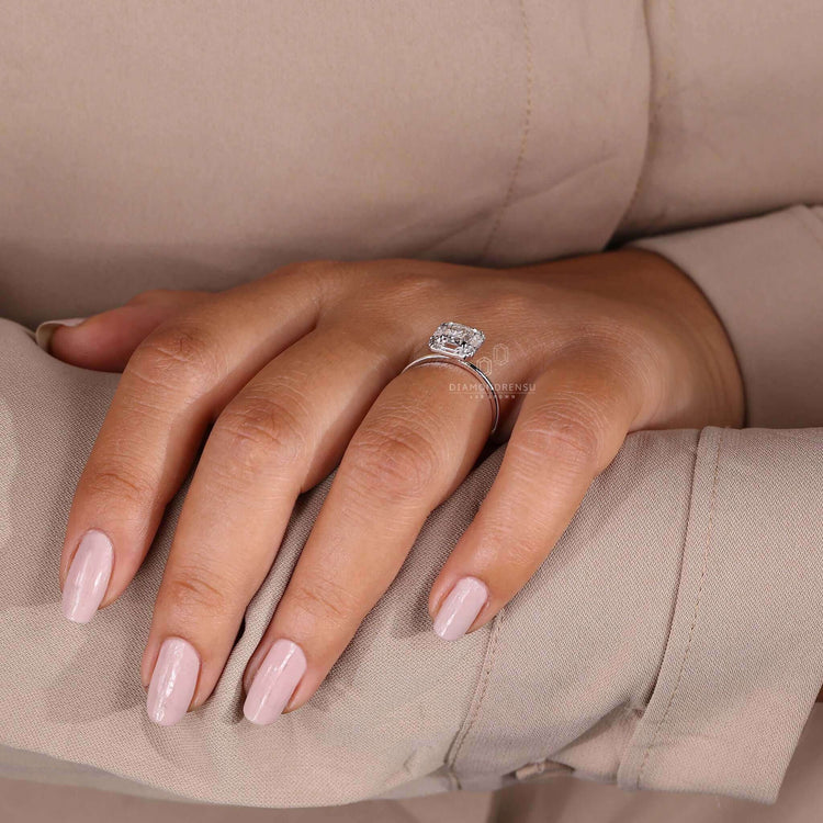 Baguette diamond ring crafted in white gold, featuring handmade jewelry with a modern and elegant design.