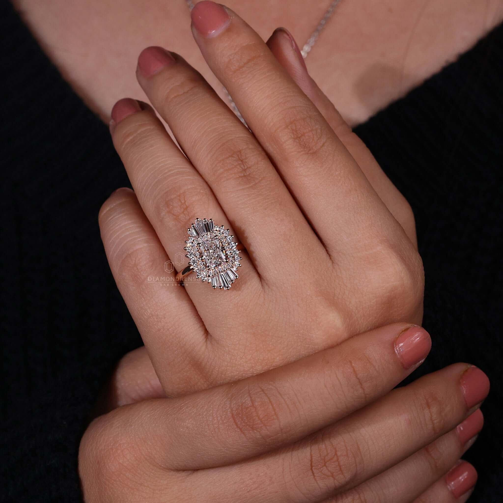 Halo ring with radiant cut diamonds and an elegant 4 prong diamond setting