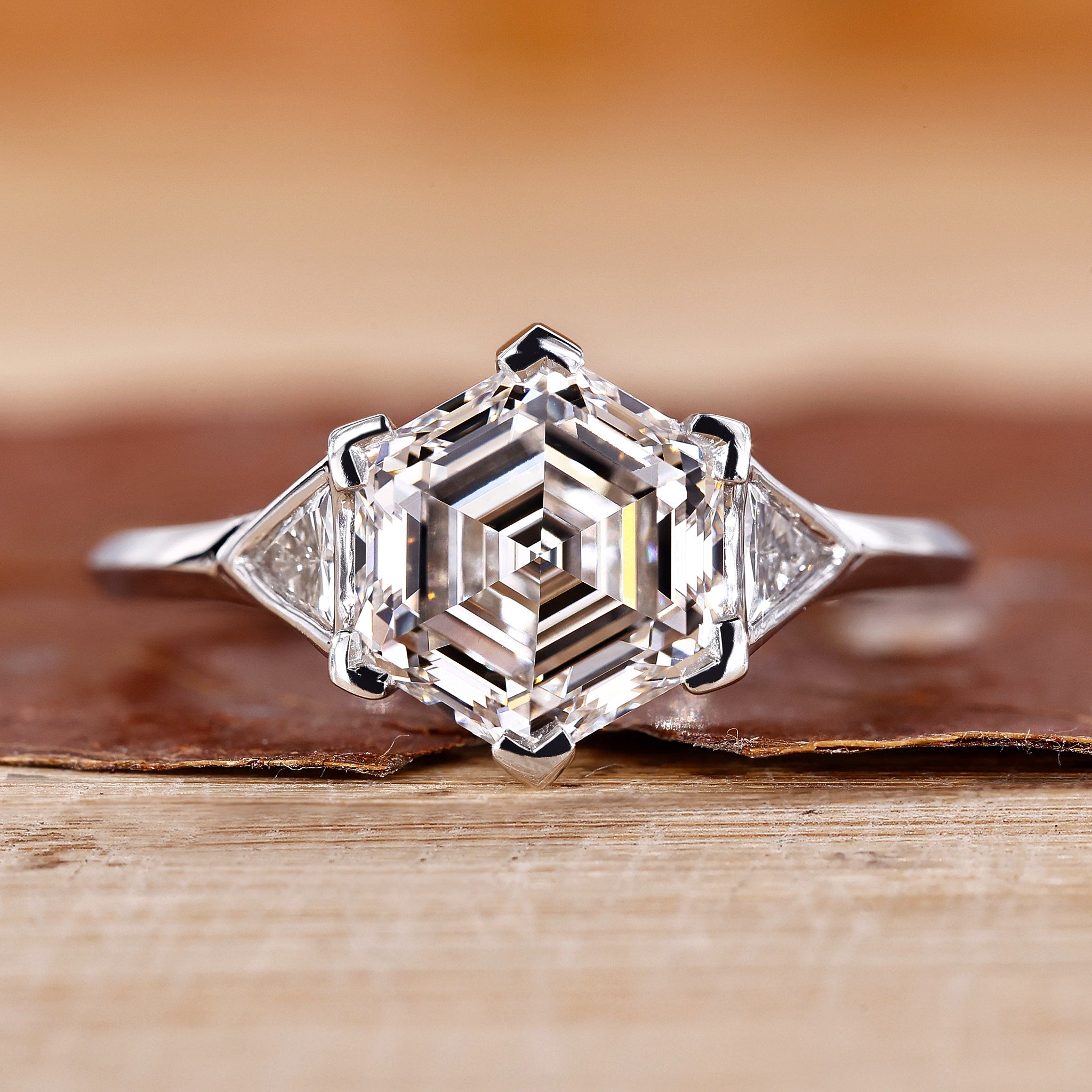 Hexagon diamond engagement ring in white gold