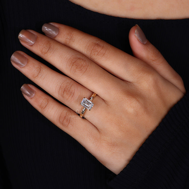 Tulip prong ring with emerald diamond design.