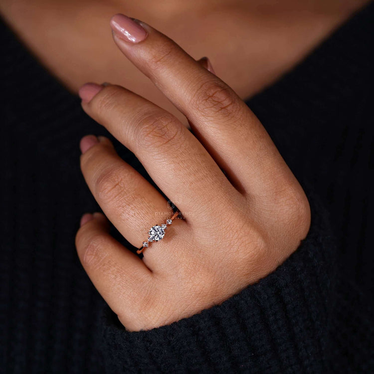 Round diamond ring in a stunning five stone design, featuring handmade jewelry with igi certified Lab Grown Diamonds.