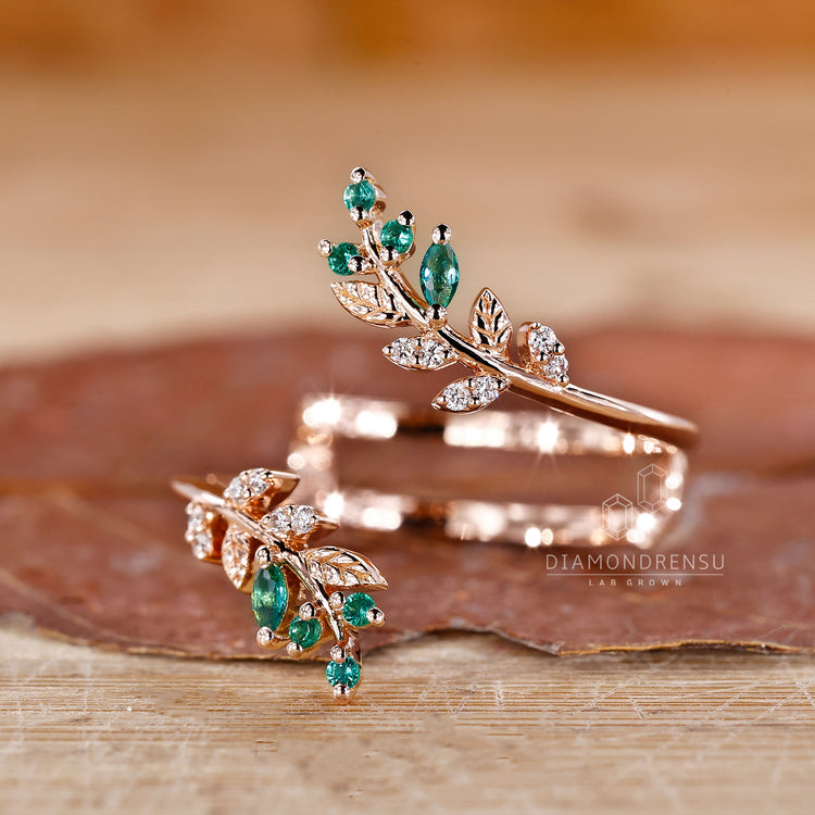 Ring wrap wedding band in rose gold with mixed diamond shapes.