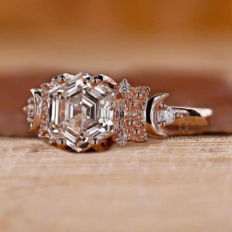 Prong setting used on rose gold engagement ring.