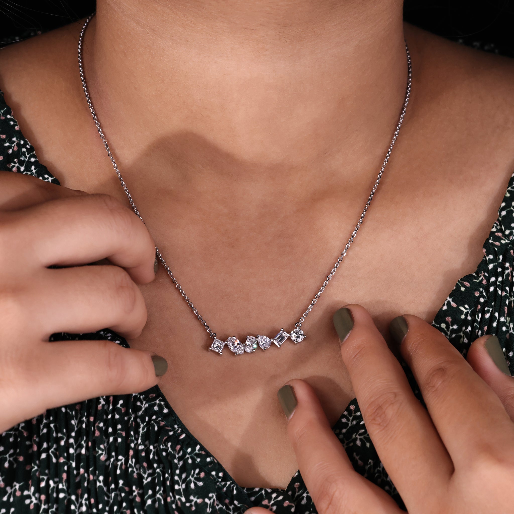 Multi shape diamond pendant crafted in white gold using Lab Grown Diamonds.