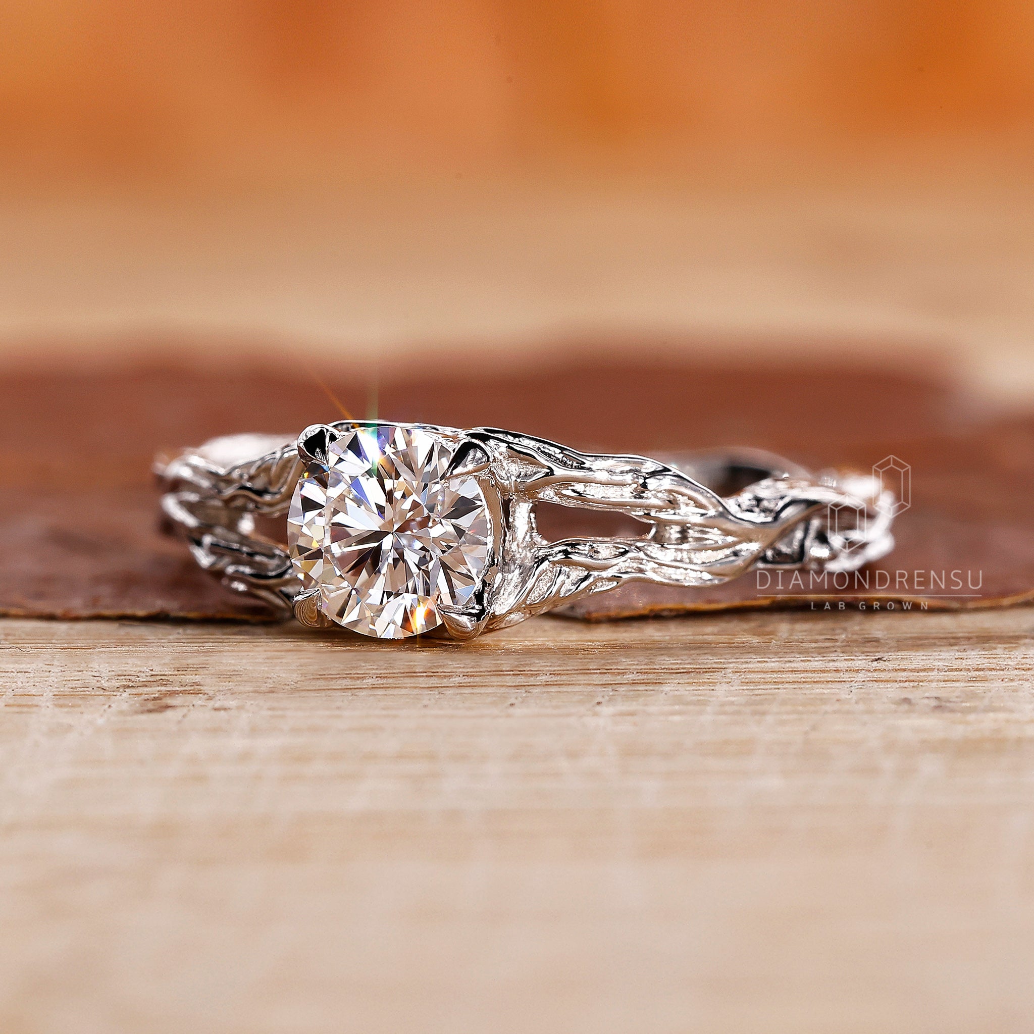 Nature inspired engagement ring with 4 prong ring