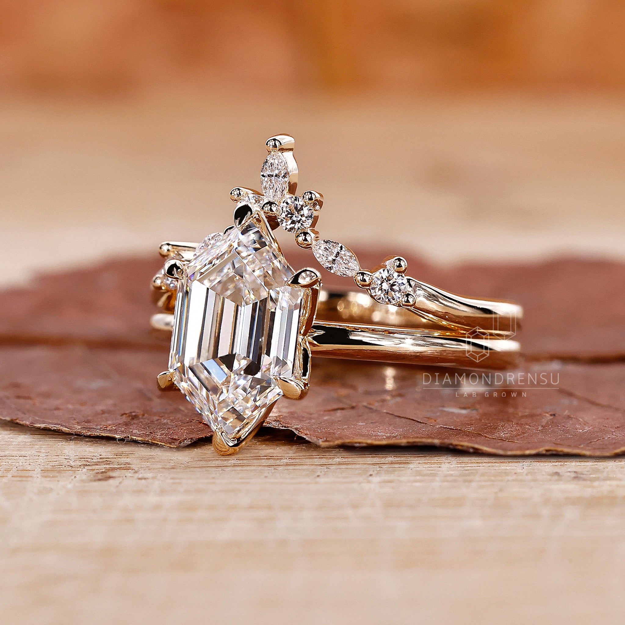 Crown diamond band with hexagon engagement ring with wedding band.