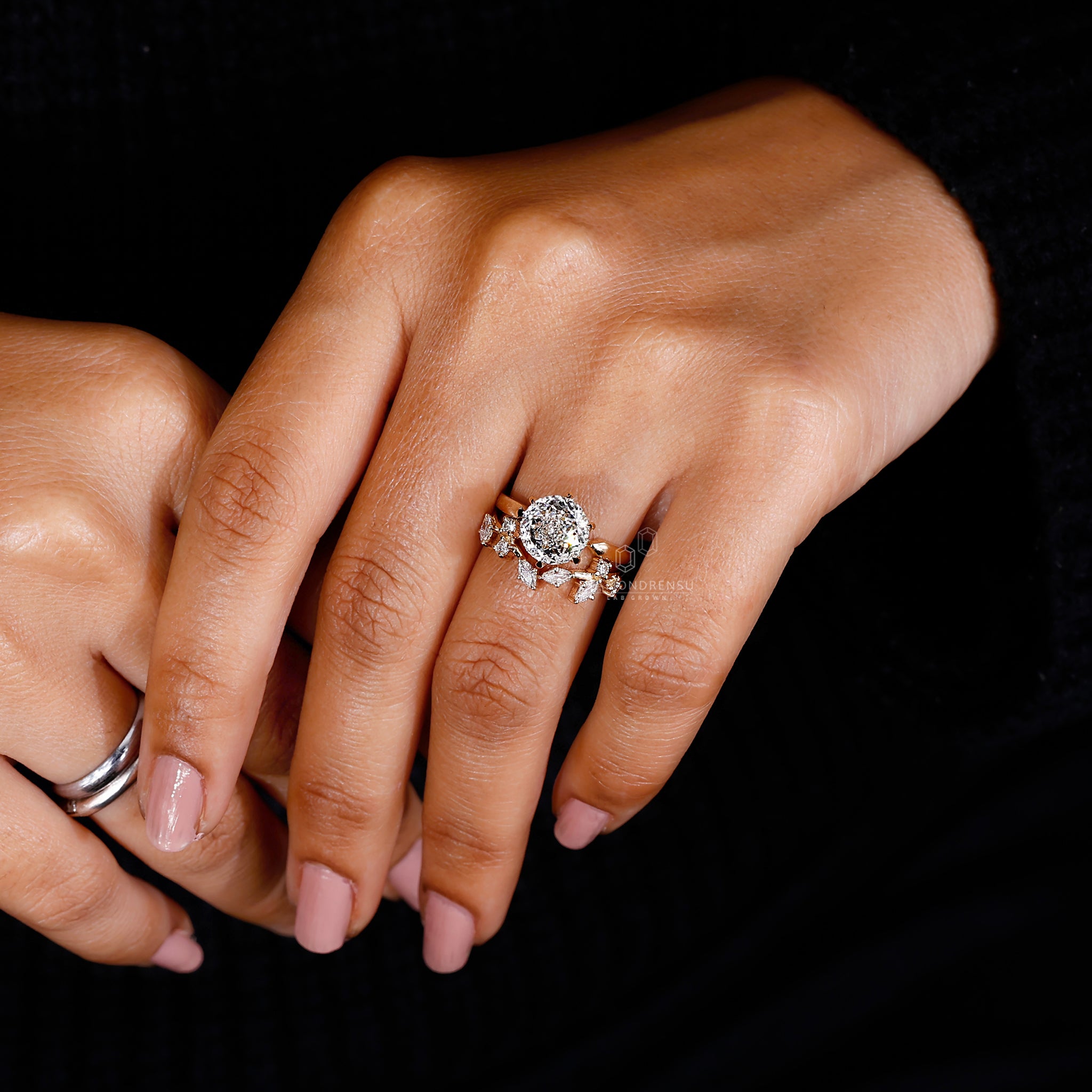Pinched shank ring with 6 prong claw setting in handmade bridal set.