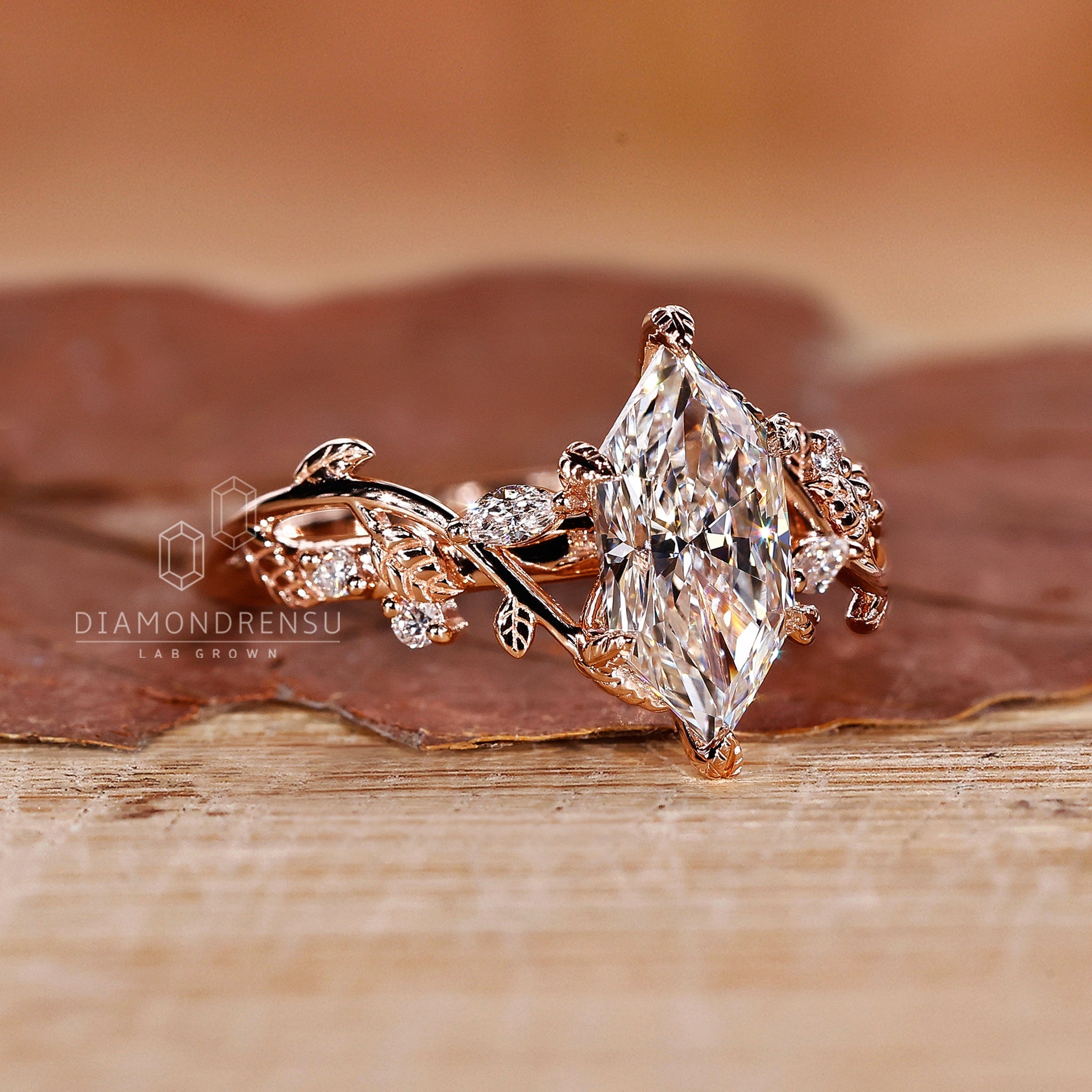Dutch Marquise Cut Ring with IGI certified Lab Grown Diamond accents.