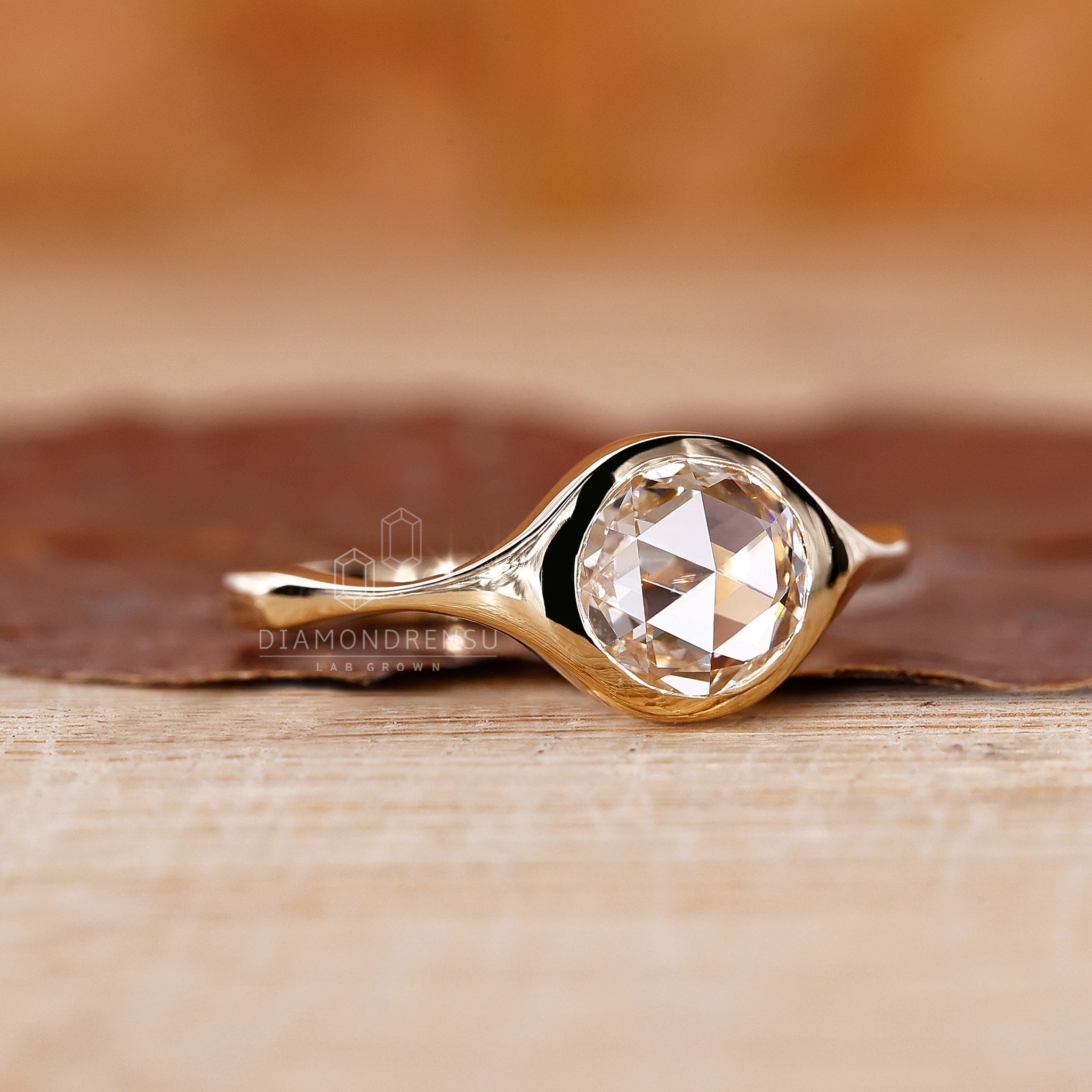 Custom diamond ring with IGI certified round rose cut diamond.