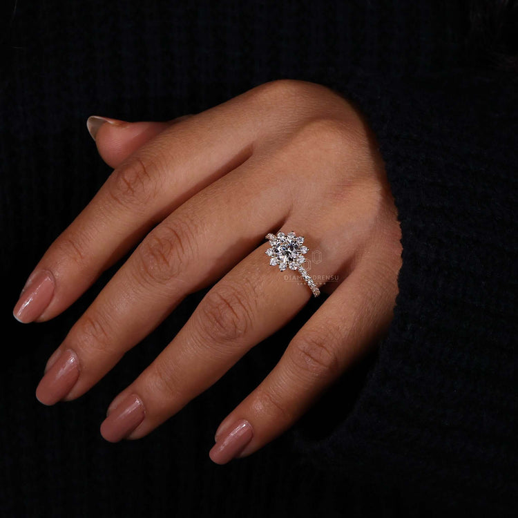 A luxurious halo ring with lab-grown diamonds, IGI certified.