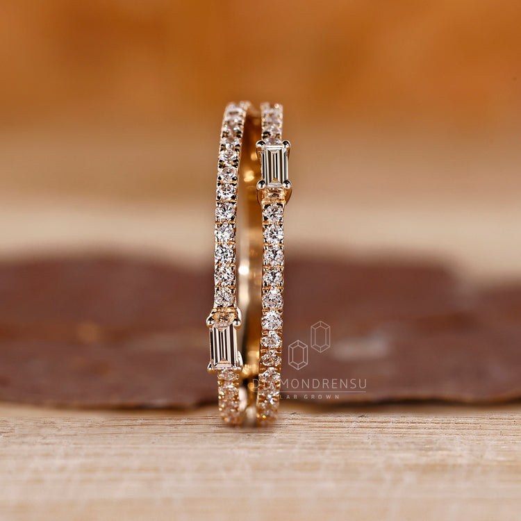 Baguette and round cut diamond set in two rows.