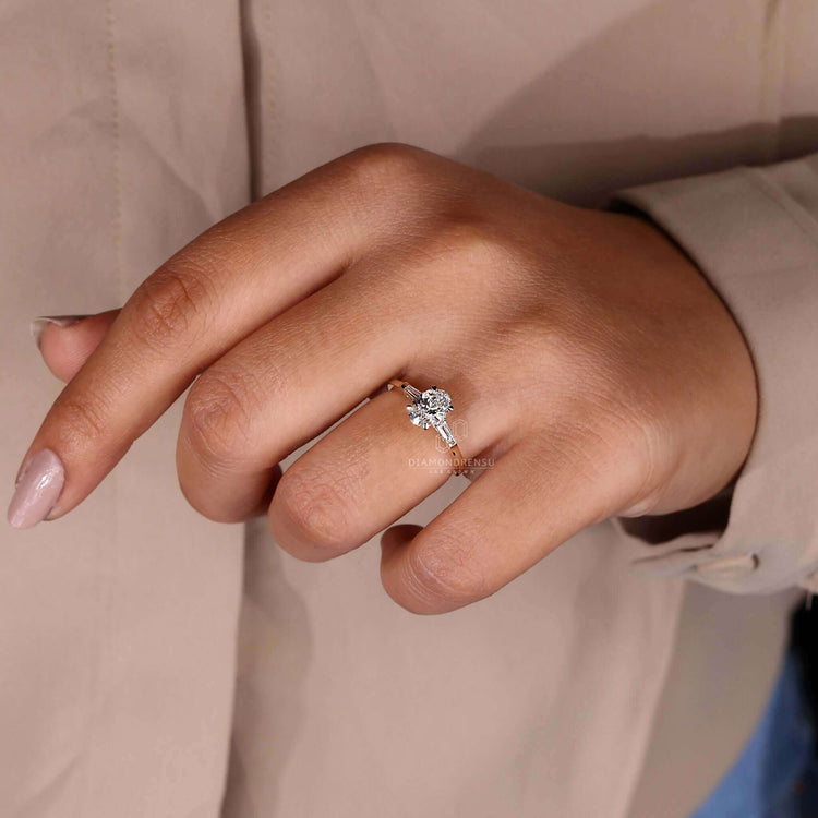 Oval shape ring with a diamond baguette ring design, crafted with igi certified Lab Grown Diamonds.