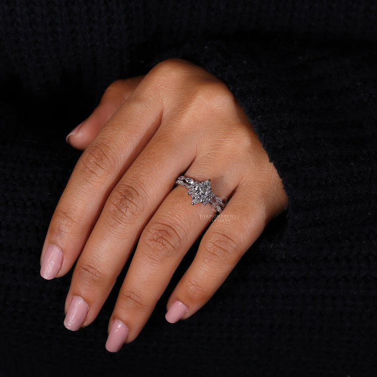 Claw prong ring with full eternity band in white gold bridal set.