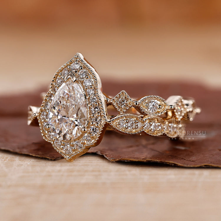 Round cut diamond band in handmade bridal set with cathedral setting ring.