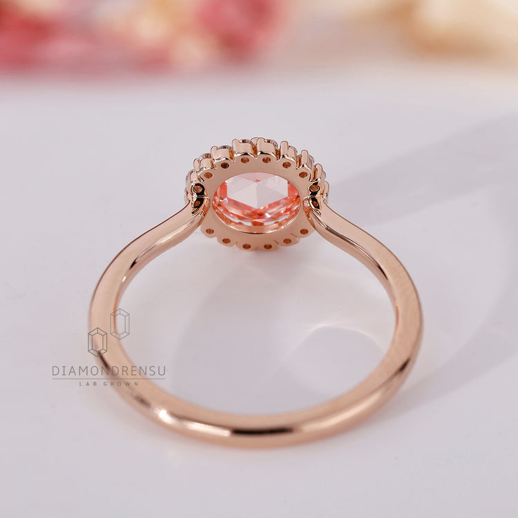 Round Rose Cut Diamond Ring in halo engagement ring setting