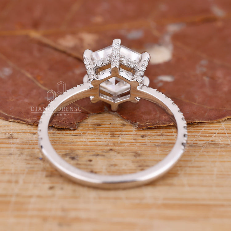 Lab grown diamond ring with 6 prong claw setting and handmade finish.